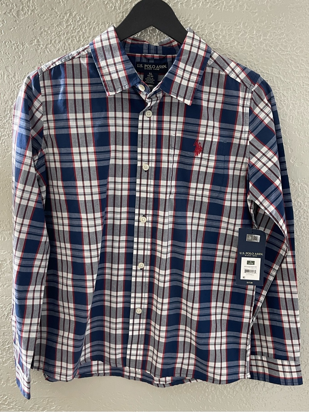 NWT U.S. Polo Assn. Kid’s Navy White Red Plaid Button-Down Shirt XL (14-16)